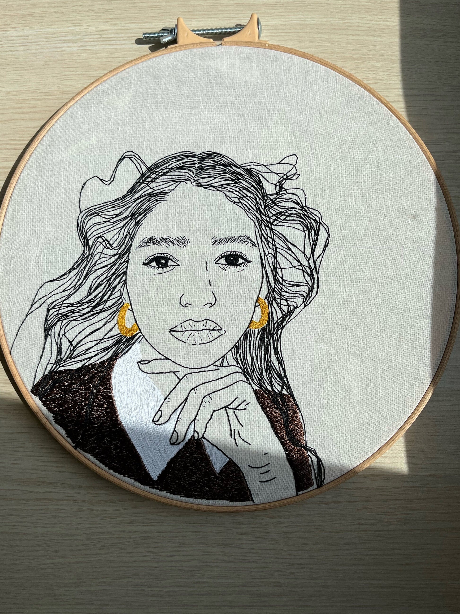 Hanembroidered portrait of a woman, embroidery hoop, wall art