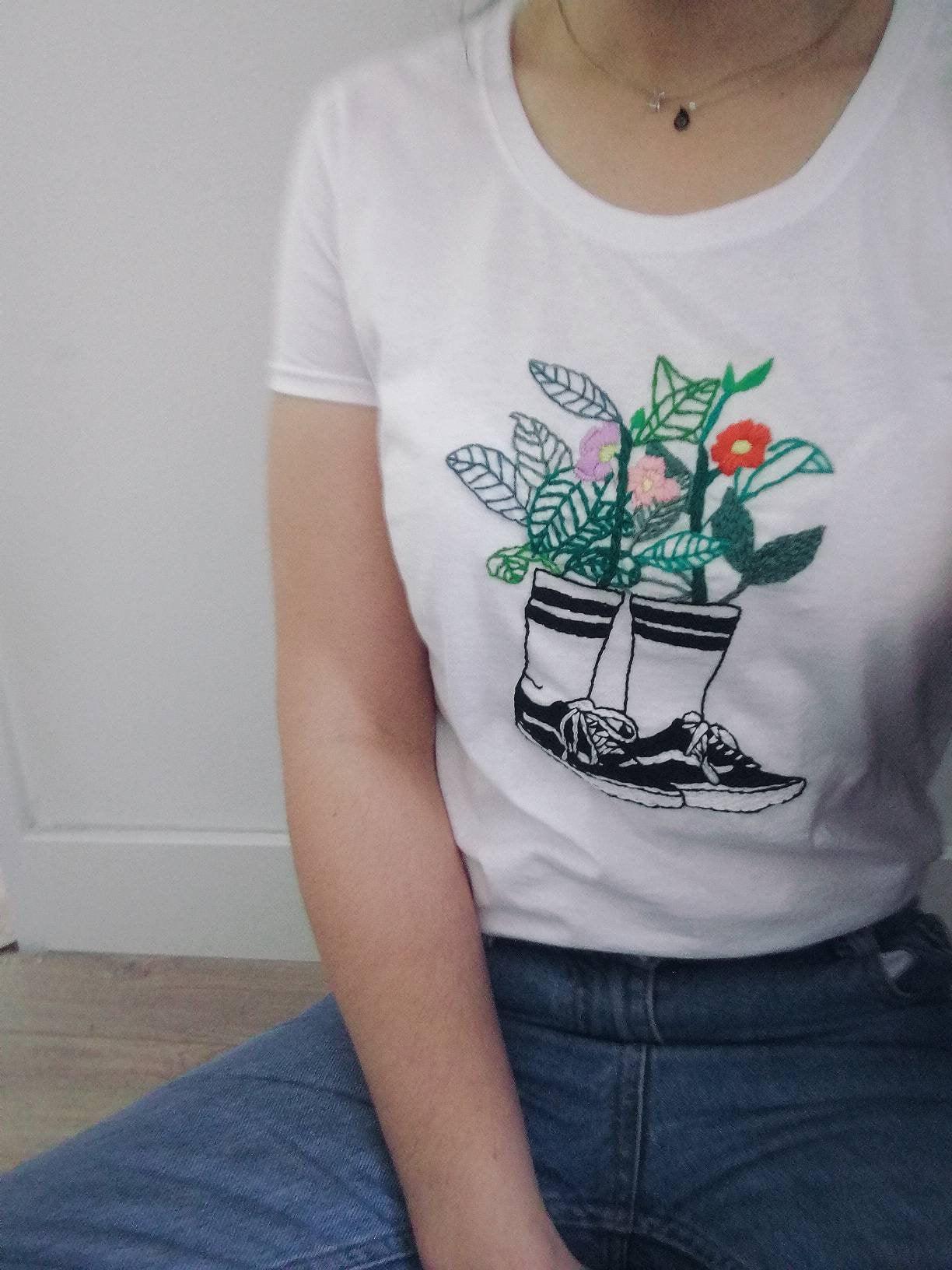 Hand-embroidered t-shirt with black shoes - Indie's Little Crafts