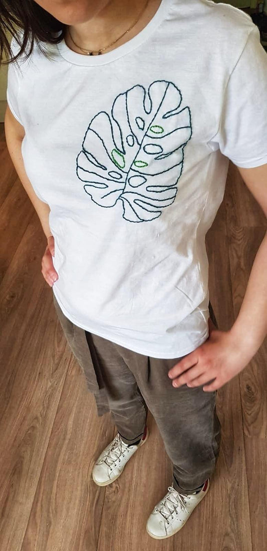 Hand Embroidered t-shirt with a leaf - Indie's Little Crafts