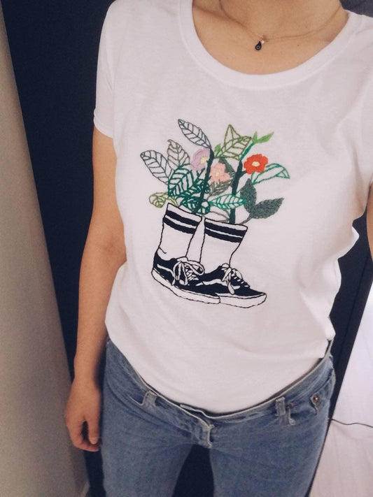 Hand-embroidered t-shirt with black shoes - Indie's Little Crafts