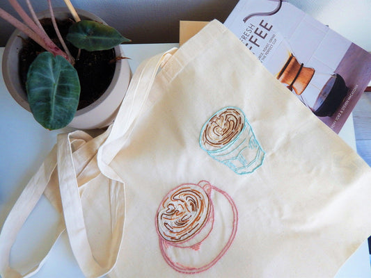 Coffee tote bag hand embroidered - Indie's Little Crafts