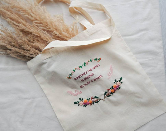 Hand embroidered Tote bag "The grass is greener because it is fake" - Indie's Little Crafts